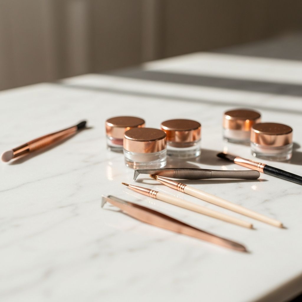 Professional beauty tools and accessories arranged on a marble surface at TJ Beauty & Co studio