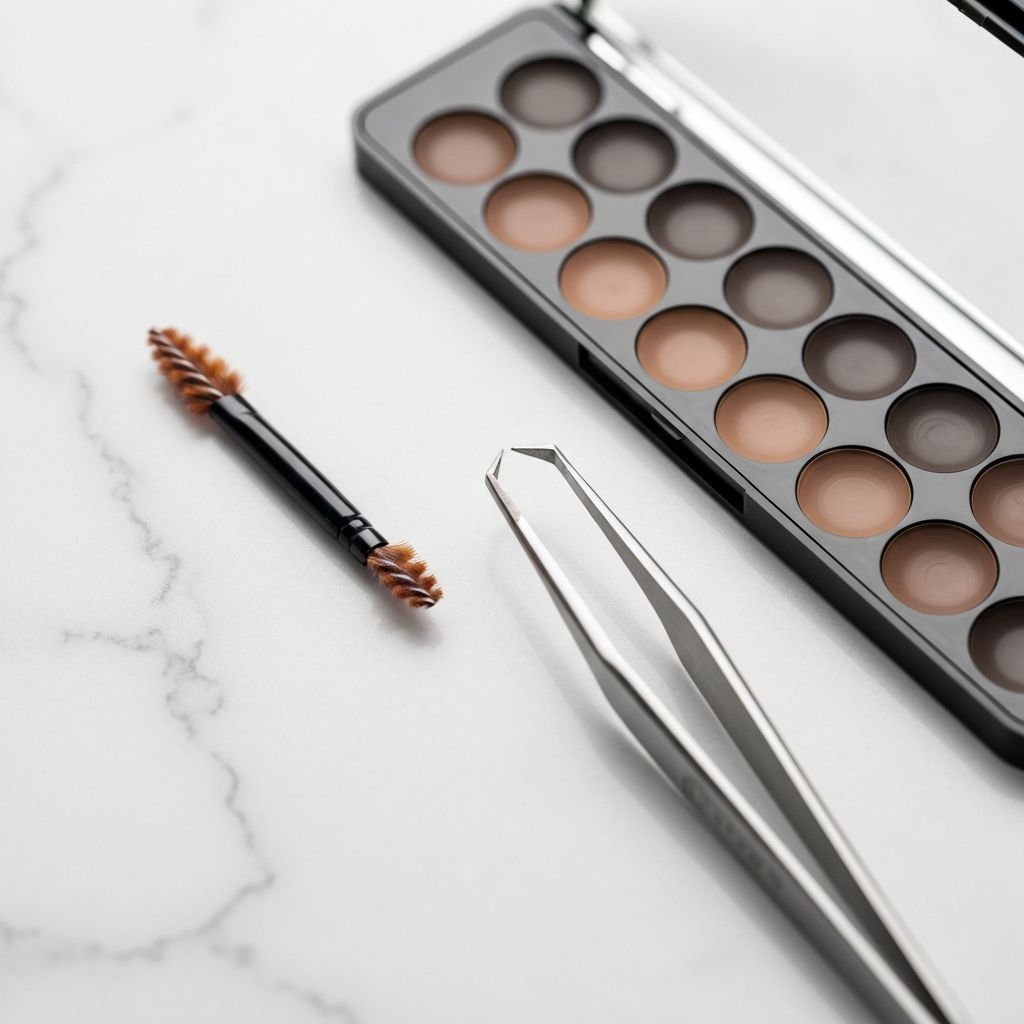 Professional eyebrow shaping and tinting tools on a marble surface