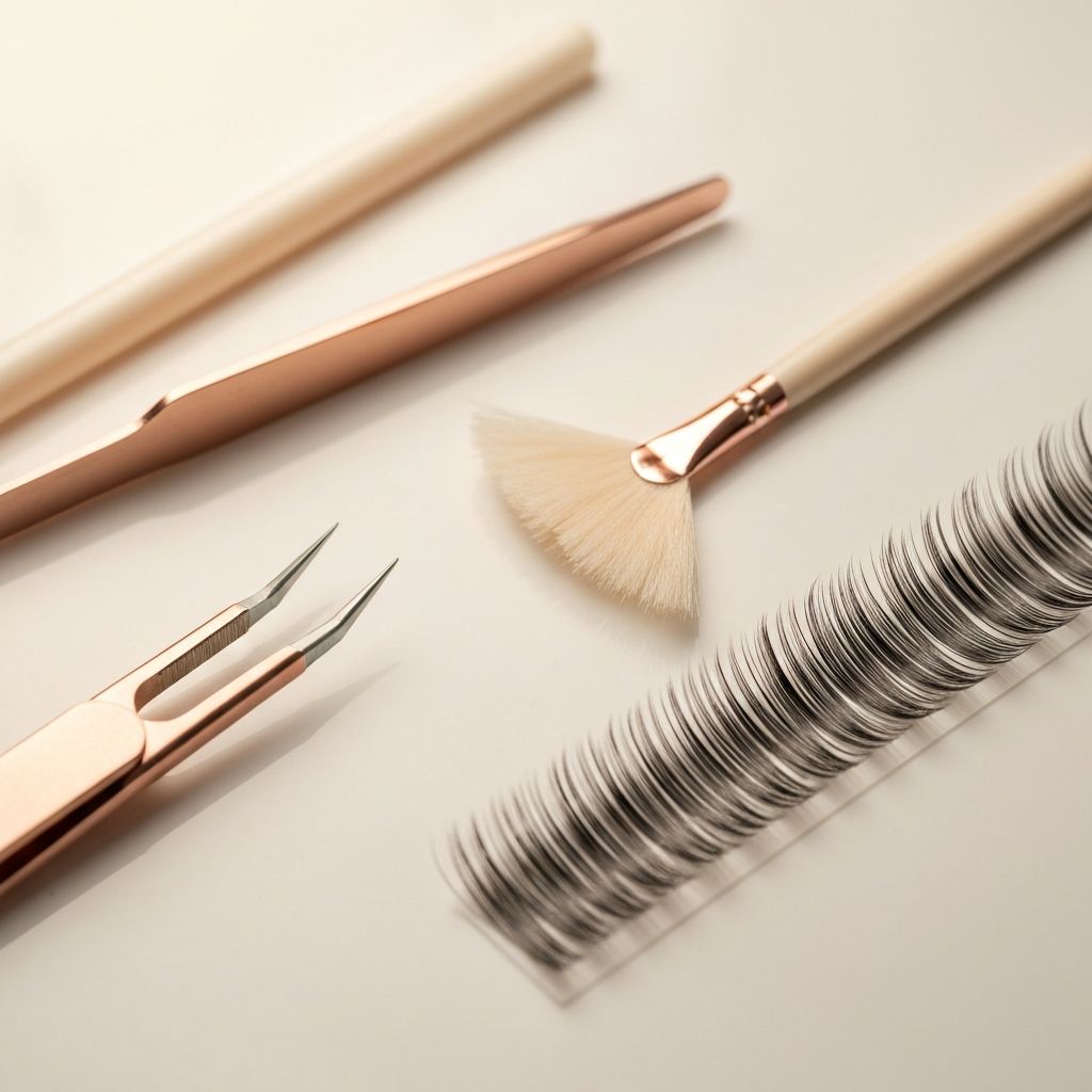 Eyelash extension tools and individual lash strips arranged on a white surface